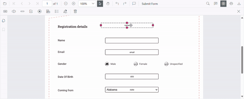 Dragging Form Fields in Form designer in SfPdfViewer
