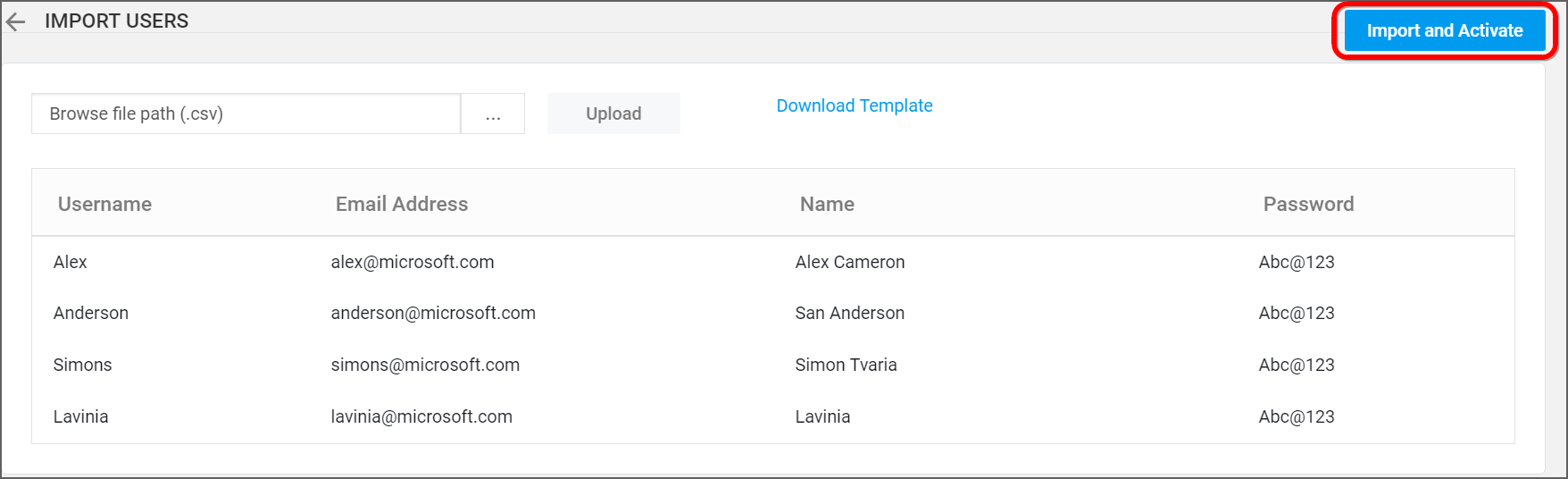 Import from CSV - User detail in grid