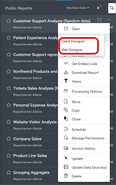 open in  Report Designer